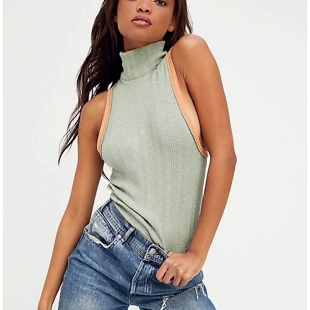 We The Free by Free People | NWOT Marley Ribbed Mock-Neck Tank Top Green Orange